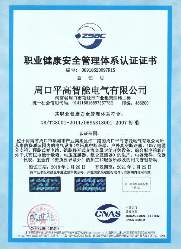 職業(yè)健康安全管理體系認(rèn)證證書(shū)